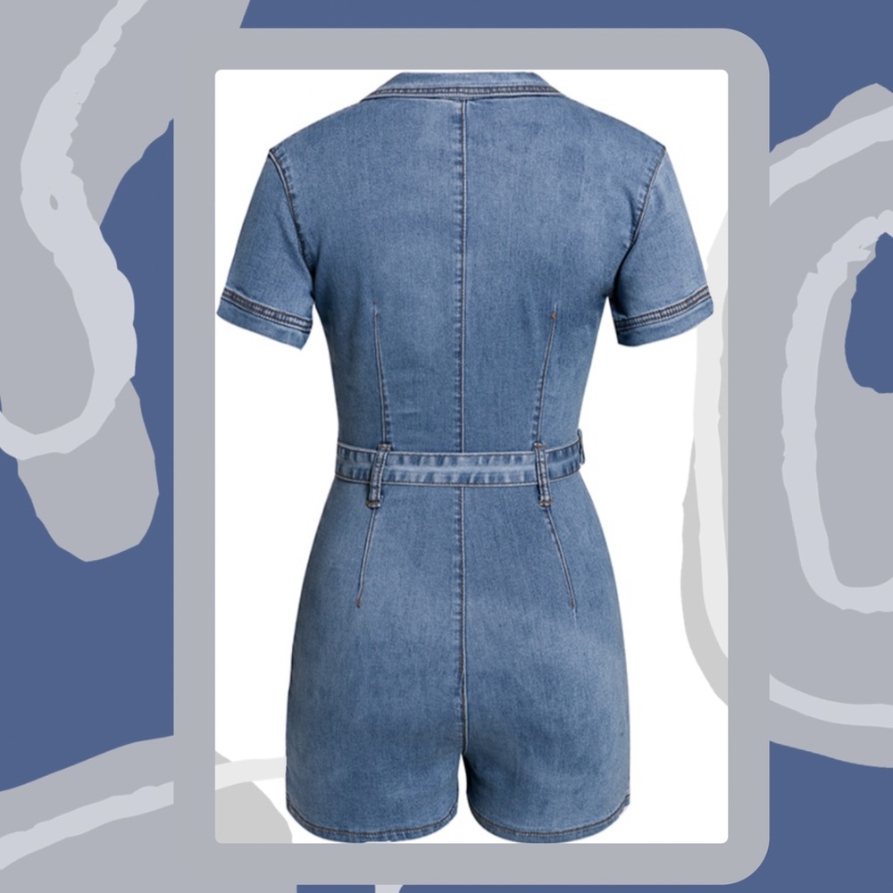 Denim Zipper Front Belted Fitted Romper NWT - Picture 7 of 8
